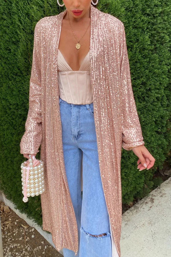 Shine Bright Sequin Long Sleeve Open Front Drape Midi Kimono