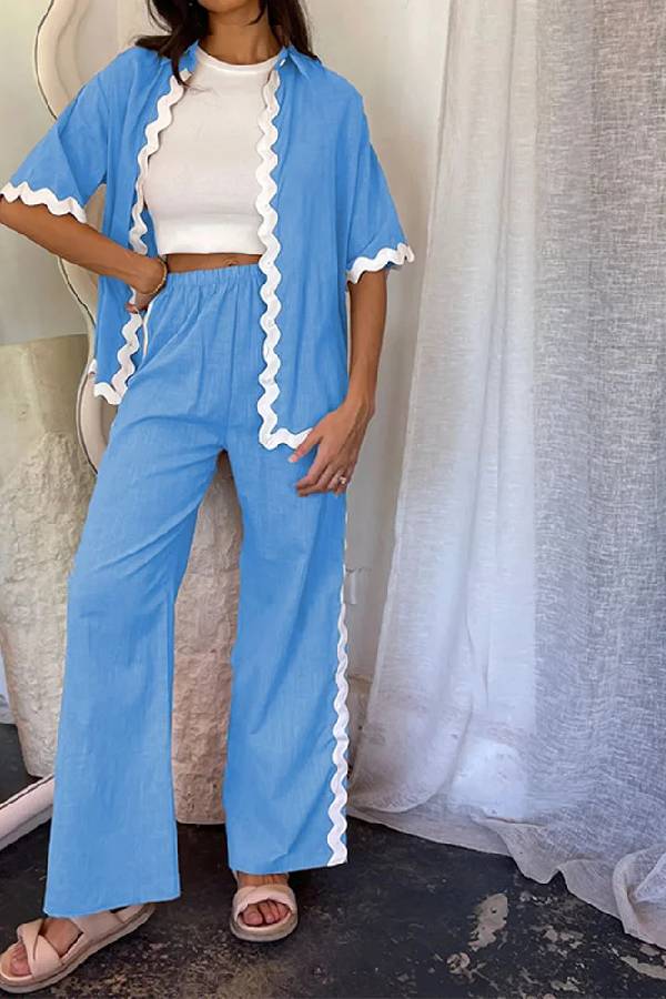 Casual Solid Color Shirt and Pants Suit
