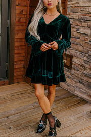 Blackish Green V Neck Lace Up Sleeve Ruffled Velvet Dress