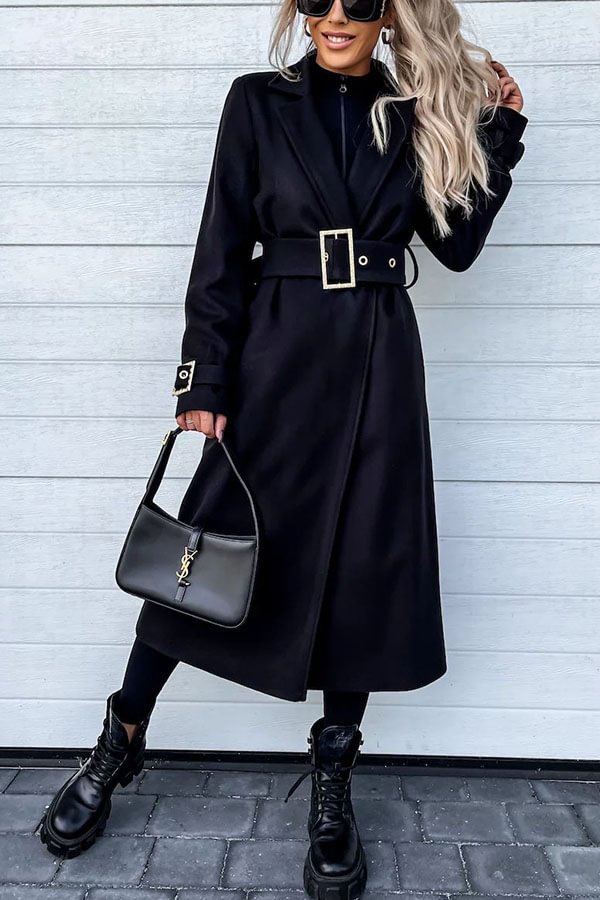 Style Expedition Woolen Belted Metal Button Lapel Midi Trench Coat