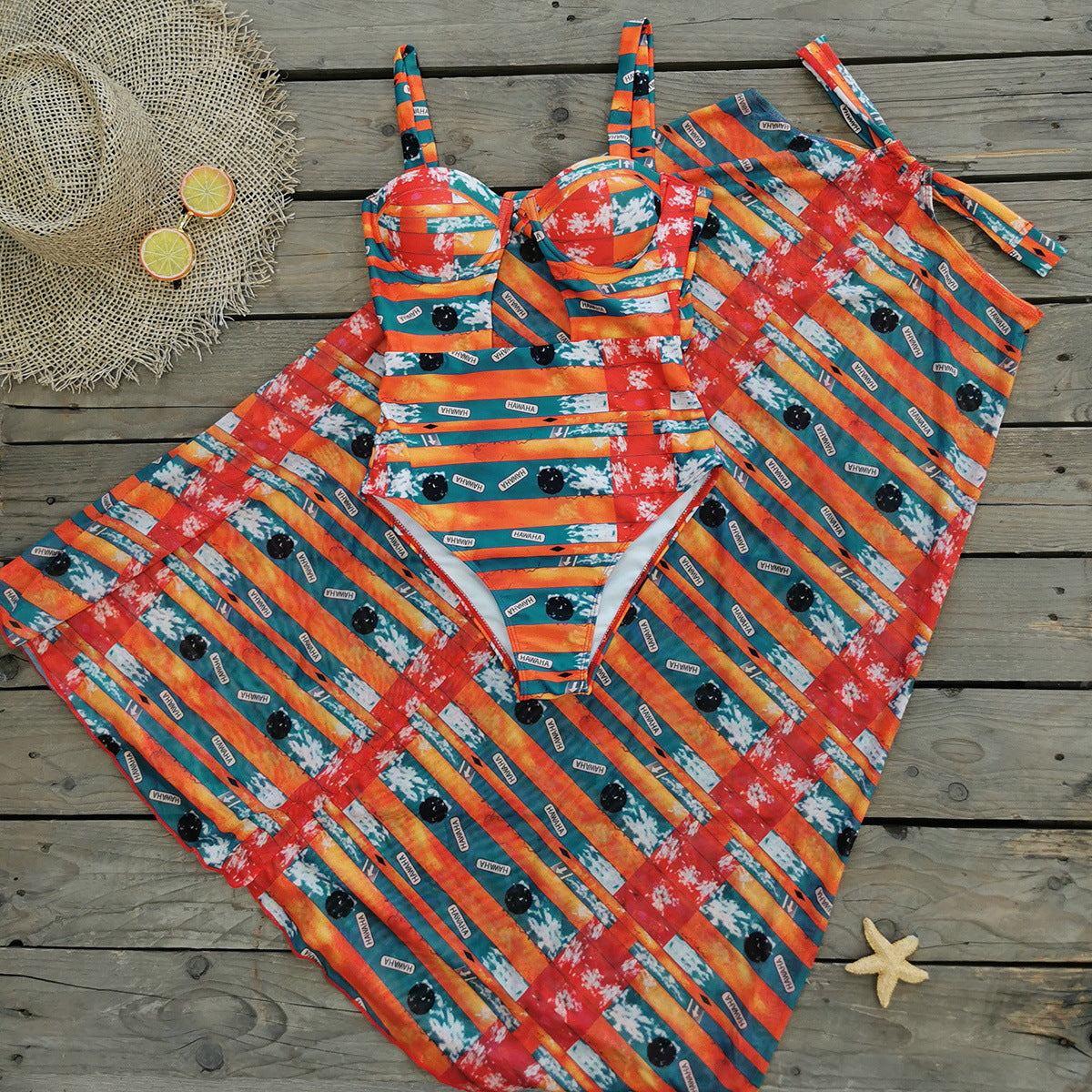 Beach high-waisted backless one-piece swimsuit two-piece set
