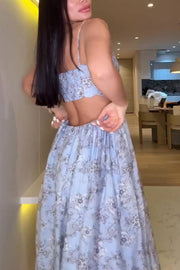Coralie Floral Print Wavy Trim Cutout Back Smocked Maxi Dress