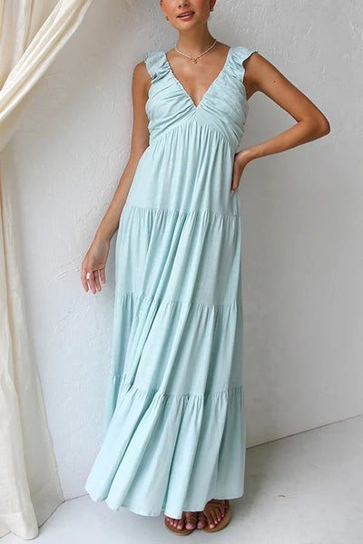 V Neck Ruffle Trim Tiered Sleeveless Linen Maxi Dress