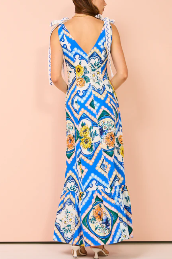 Tie Shoulder Maxi Dress In Azure Floral