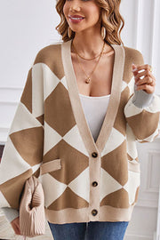 V-neck geometric patchwork contrasting knitted cardigan casual loose jacket