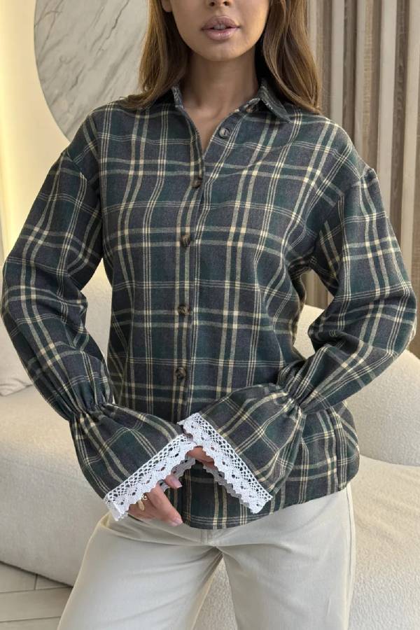 Lace Cuff Fitted Plaid Blouse