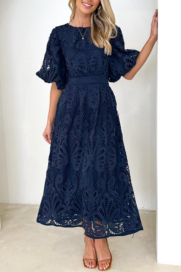 Date To Remember Crochet Lace Puff Sleeves Midi Dress