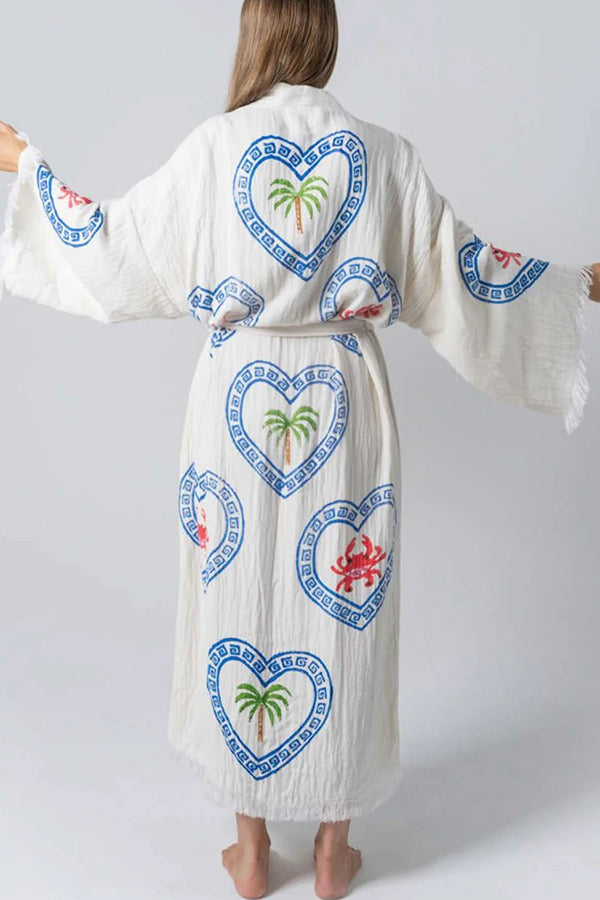 Linen Blend Unique Print Belt Swimwear / Lounge Cover-up Robe