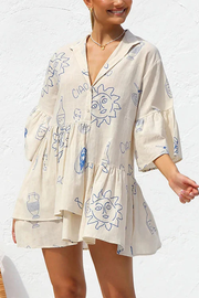 Flare Sleeves Button Down Graffiti Print Ruffle Shirt Dress