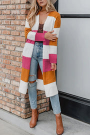 Knitted Color Block Open Front Long Cardigan