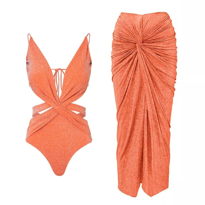 Shiny Texture Pleated Design One Piece Swimsuit and Skirt