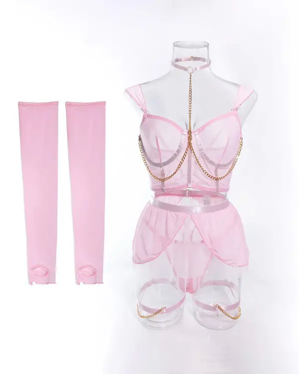 Chain Decor Sheer Mesh Lingerie Set
