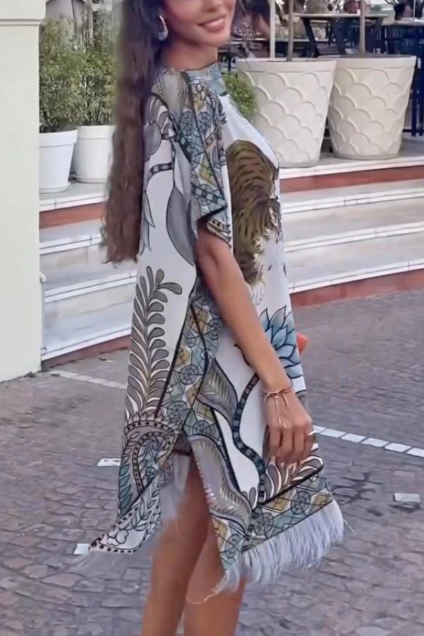 Charming Jungle Unique Tiger Print Feather Trim Loose Kaftan Mini Dress