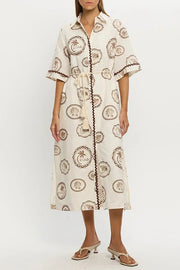 Resort Style Print Lapel Short Sleeves Casual Pocket Waist Tie Loose Midi Dress