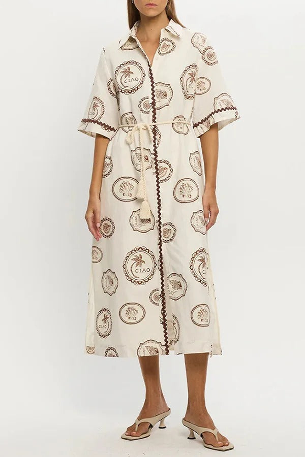 Resort Style Print Lapel Short Sleeves Casual Pocket Waist Tie Loose Midi Dress