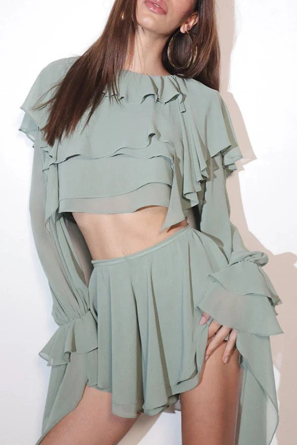 Chic Dance Chiffon Layered Ruffles Long Bell Sleeve Crop Top and Wide Leg Shorts Set