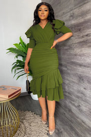 SHORT SLEEVE IRREGULAR RUFFLE MIDI DRESSES