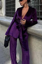 Cool Girl Energy Velvet Long Sleeve Belted Lapel Coat and Elastic Waist Pocketed Loose Pants Set