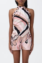 Caralyn Satin Unique Print Halter Tie-up Tank and Elastic Waist Pocketed Mini Shorts Set