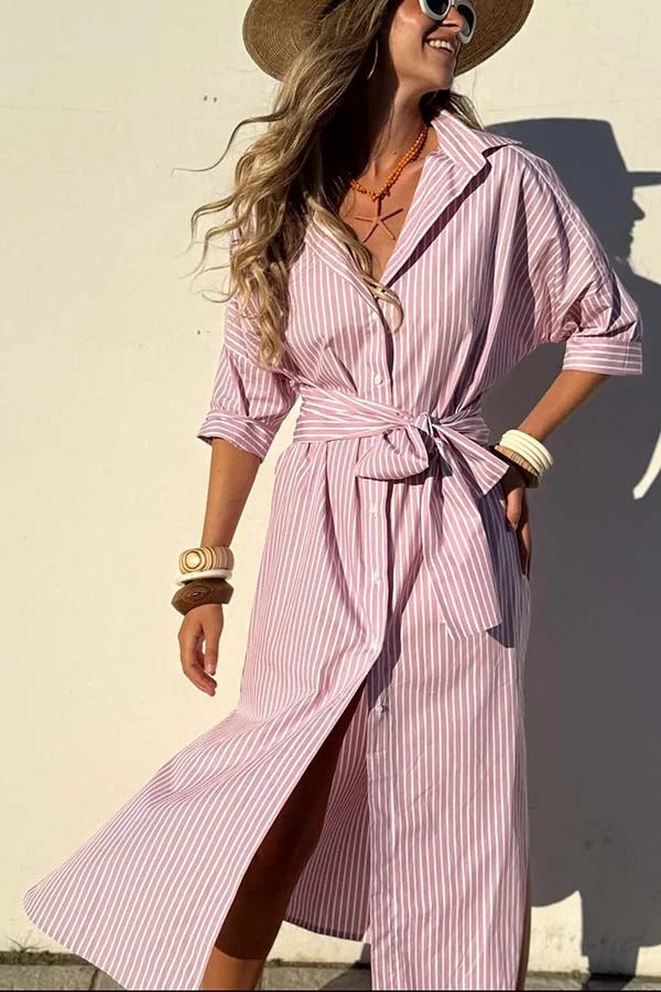 All-match Striped Button Up Half Sleeve Belted Pocket Shirt Midi Dress