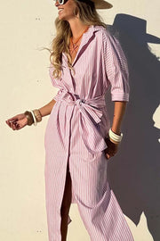All-match Striped Button Up Half Sleeve Belted Pocket Shirt Midi Dress