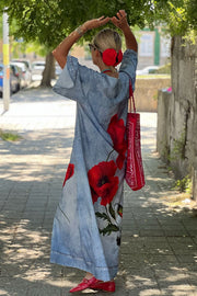 Poppy Imitation Denim Fabric Printed Bell Sleeve Pocketed Loose Maxi Dress