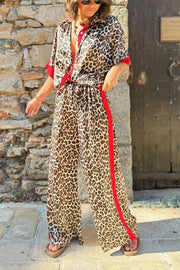 Leopard Print Color Block Short Sleeve Loose Shirt and Elastic Waist Pocket Pants Set