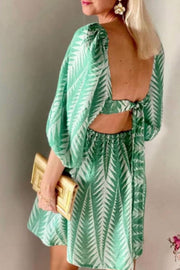 Summer Greens Linen Blend Ethnic Print Balloon Sleeve Back Tie-up Mini Dress