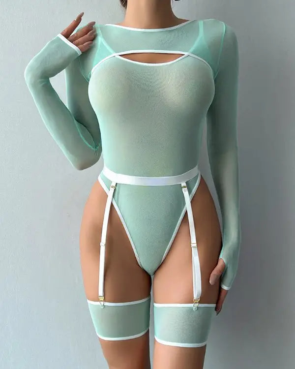 Sheer Mesh Garter Teddy With Long Sleeve Top