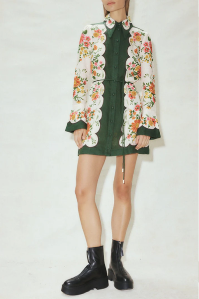 Botanical Floral Print Tie-waist Long-sleeved Single-breasted Mini Dress