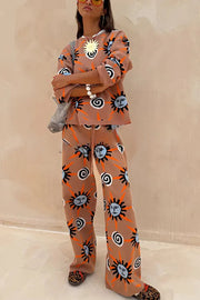 Mediterranean Art Knit Unique Sun Vortex Print Long Sleeve Relaxed Sweater