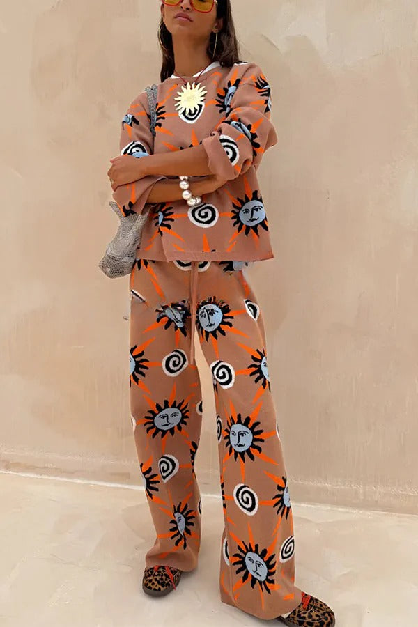 Mediterranean Art Knit Unique Sun Vortex Print Long Sleeve Relaxed Sweater