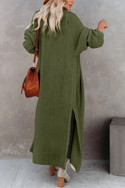 Pickle Green Cable Knit Side Slits Open Front Duster Cardigan