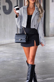 Stylish Look Houndstooth Padded Shoulder Pocket Crop Blazer Jacket