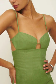 Sharyn Linen Blend Bodice Cutout Back Tie-up Slit Slip Maxi Dress
