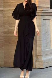 Retro V-neck trumpet sleeve printed dress