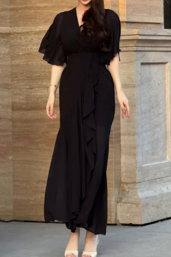 Retro V-neck trumpet sleeve printed dress