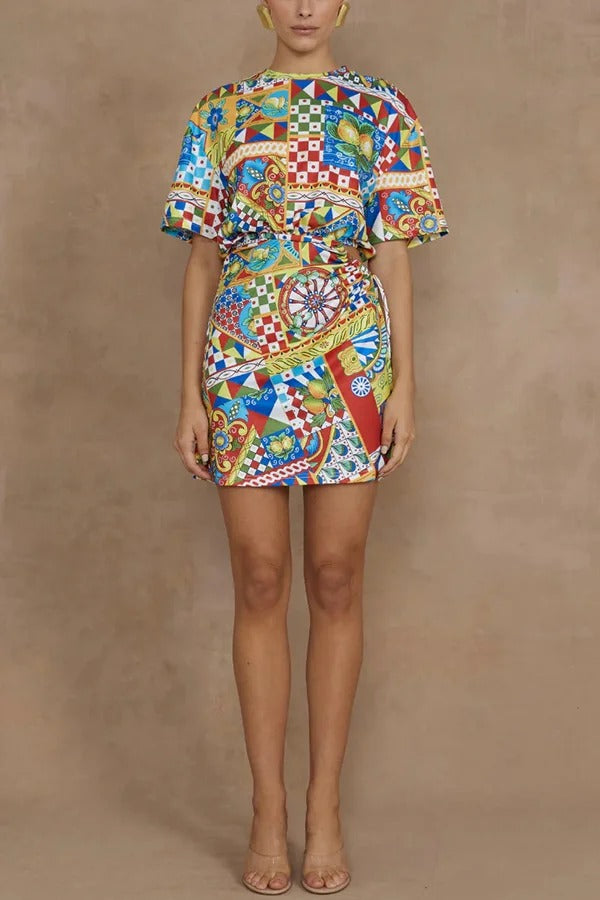 Unique Geometric Print Short Sleeve Off-Waist Tie Mini Dress