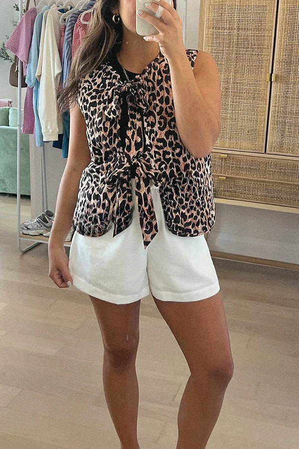 Leopard Print Lace-up Bow Sleeveless Statement Vest Top