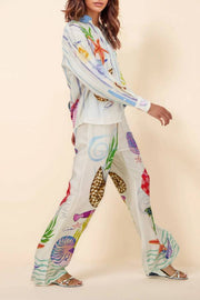 Dream Ocean Satin Unique Print Button Down Pocket Oversized Blouse