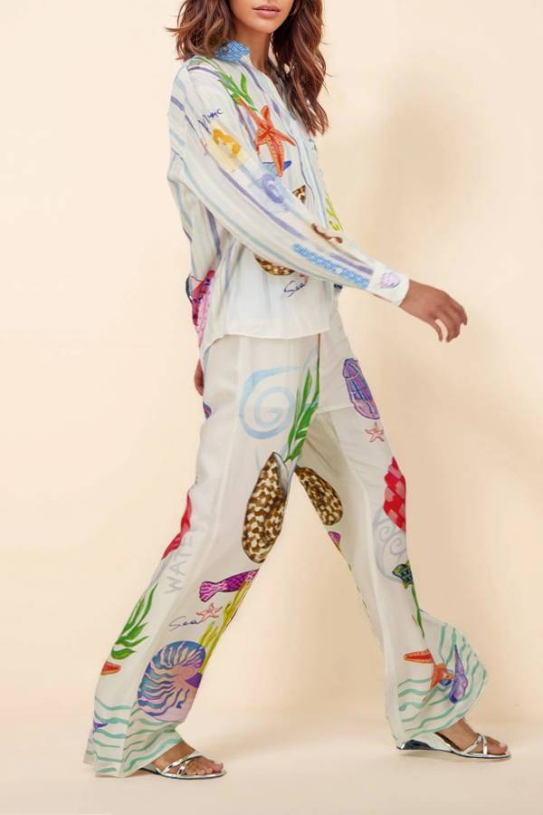 Dream Ocean Satin Unique Print Button Down Pocket Oversized Blouse