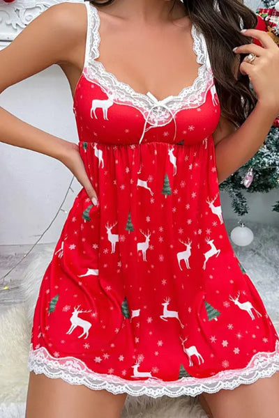 Christmas Tree Elk Snowflake Print Lace Trim Babydoll