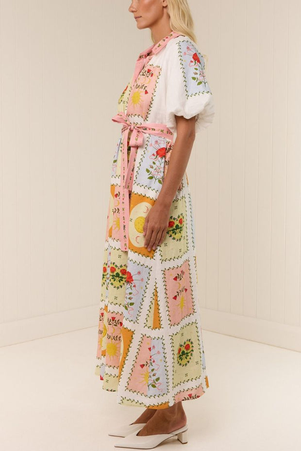 Lily Song Linen Blend Unique Print Short Sleeve Tie-up Shirt Maxi Dress