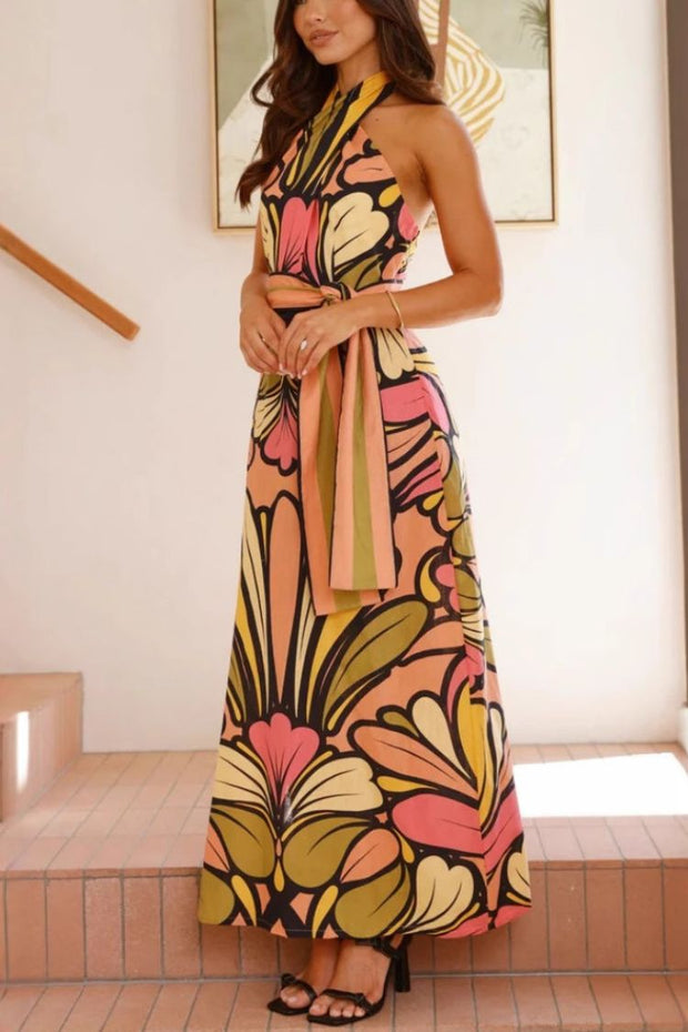 Unique Print Halter Neck Waist Tie Holiday Maxi Dress