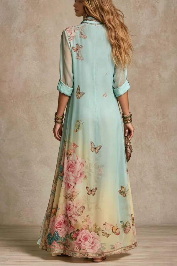 Mint Green Rose & Butterfly Print Collared Long Shirt Dress