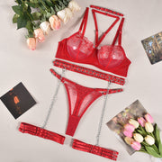 Embroidered bra with exposed breasts and complex chain sexy lingerie set of 5 pieces