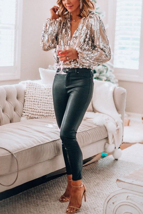 Stylish V Neck Long Sleeve Sequin Splice Top