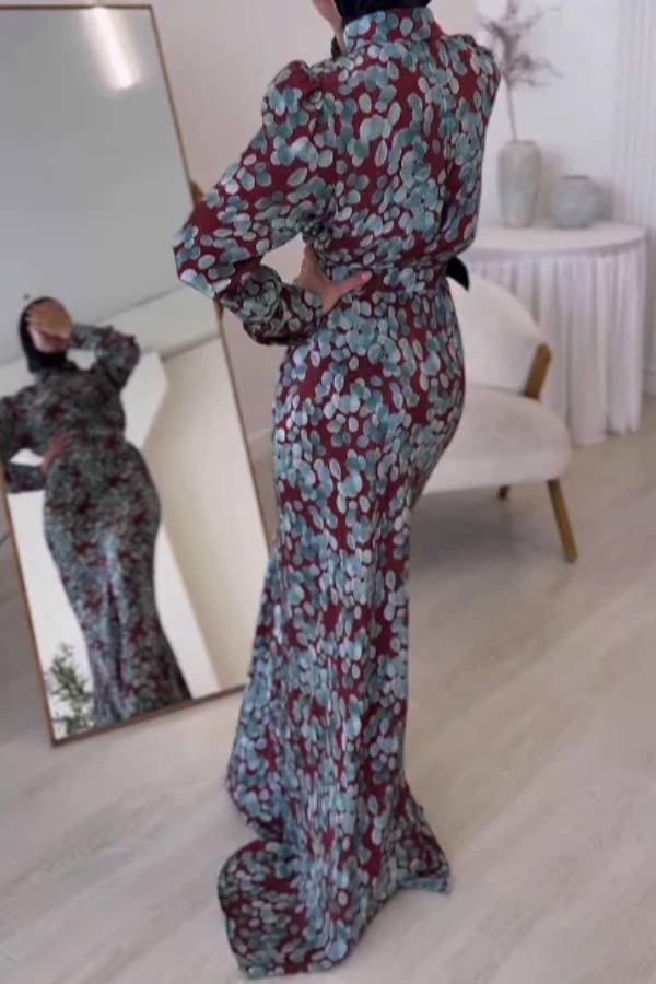Contrast color printed long-sleeved maxi dress