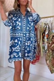 Zenya Satin Unique Print Button Up Long Sleeve Pocket Loose Mini Shirt Dress