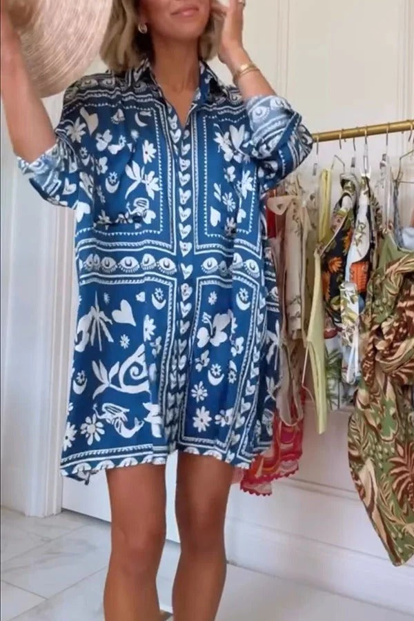 Zenya Satin Unique Print Button Up Long Sleeve Pocket Loose Mini Shirt Dress